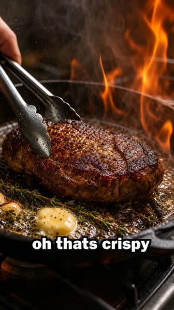 Vertical cooking clip of a steak searing in a hot pan with a bold caption