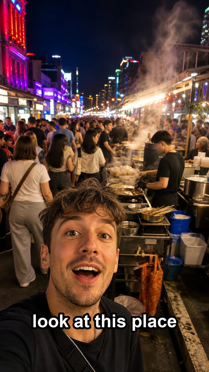 Vertical travel vlog clip on a busy night-market street with a bold caption