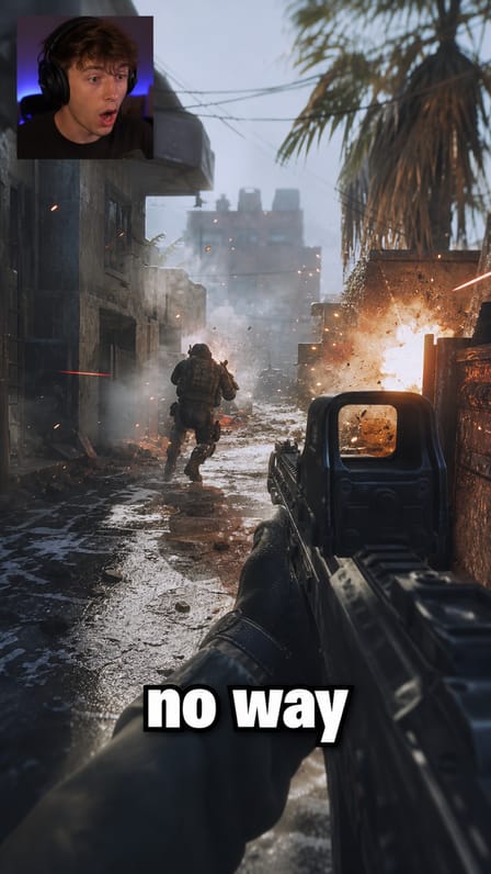 Vertical FPS gameplay clip with a streamer facecam and a bold caption