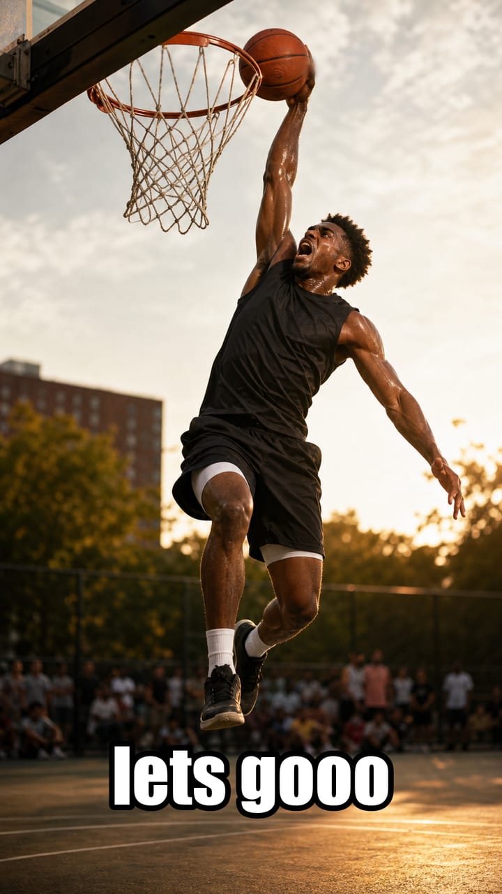 Vertical streetball clip of a player mid-dunk with a bold caption